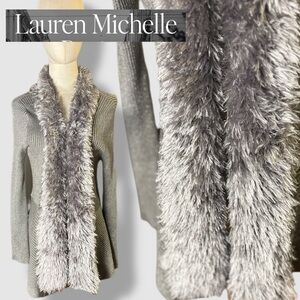 Lauren Michelle Metallic Silver Gray Faux Fur Cardigan, Size M